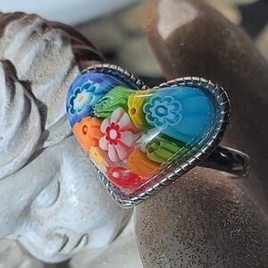 Murano Millefiori Style Heart Ring 💙🩷♥️💛